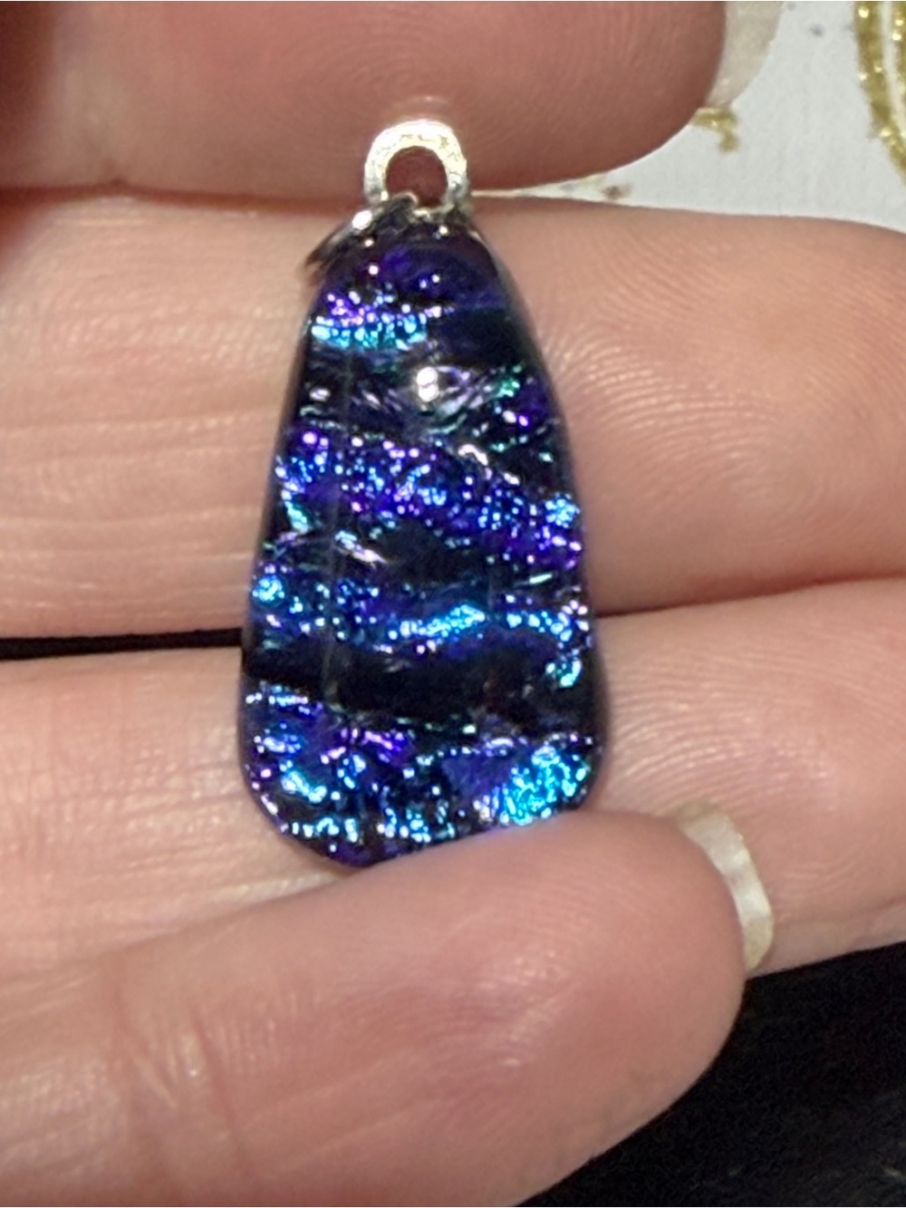 Fused Dichroic Glass Galaxy Teardrop Pendant in Iridescent Blue-Purple